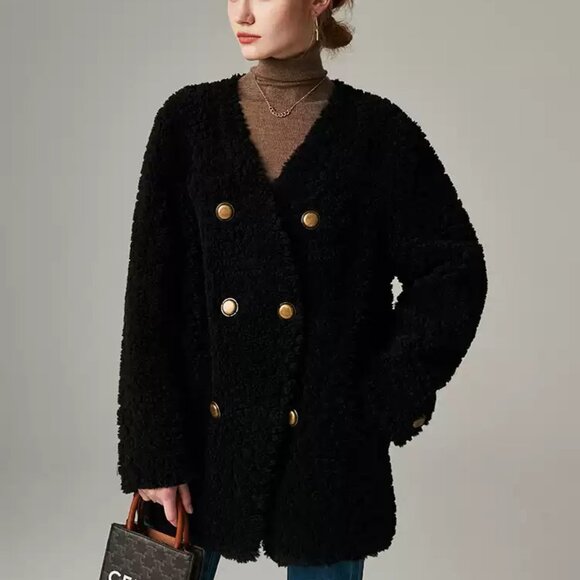Collarless Mid-Length Textured Teddy Coat - Picture 5 of 5